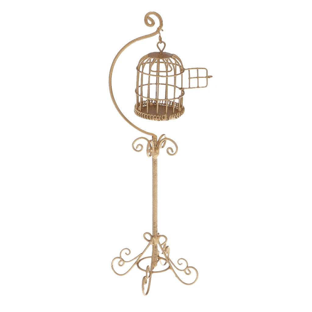  1:12 Scale Vintage Metal Bird Cage with Holder Stand Dollhouse Miniature for 12th Dolls House Decoration Accessories