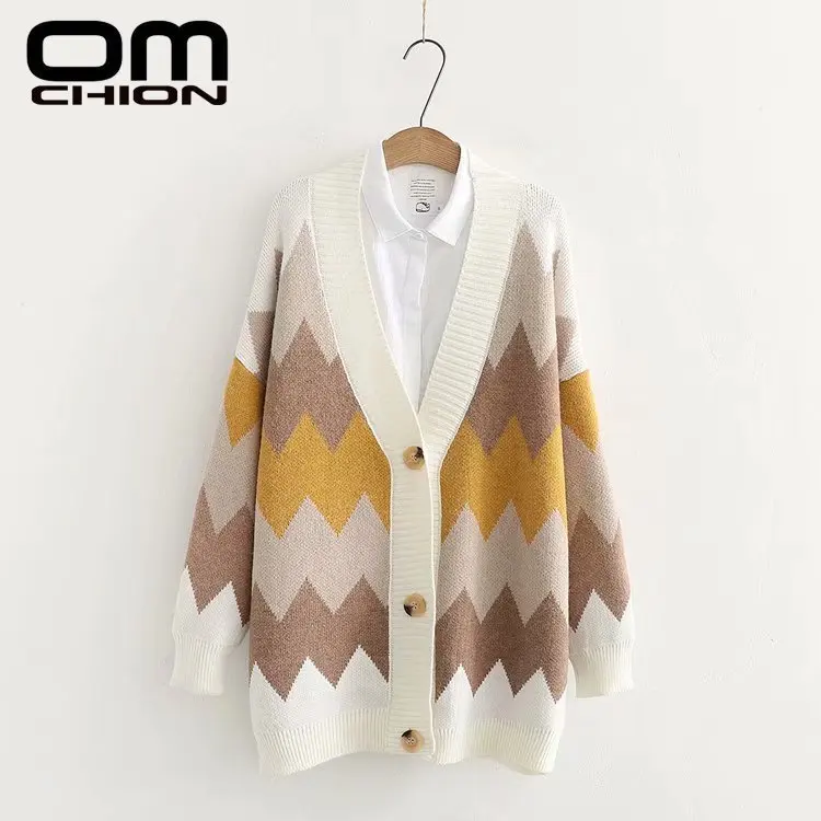

OMCHION V Neck Cardigan Women 2019 Korean Oversized Thick Knitted Sweater Coat Argyle Single Breasted Winter Jacket LP181