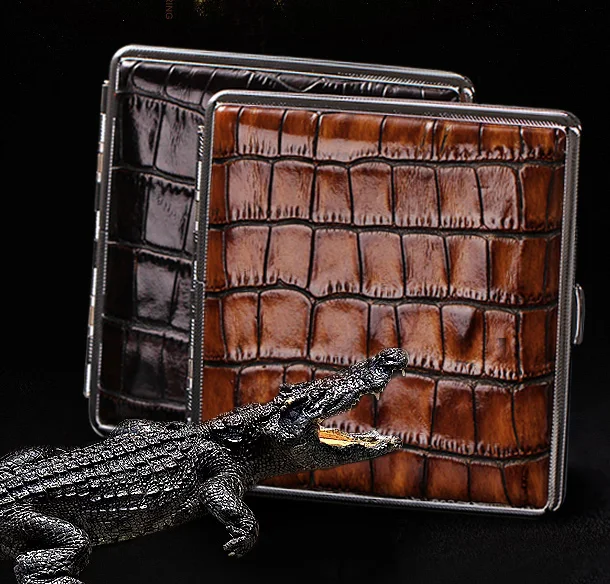 

Crocodile Pattern Design Cigarette Case 20pcs Portable Metal High-grade Cigarette Boxes Genuine Leather Cigarette Holder Z602