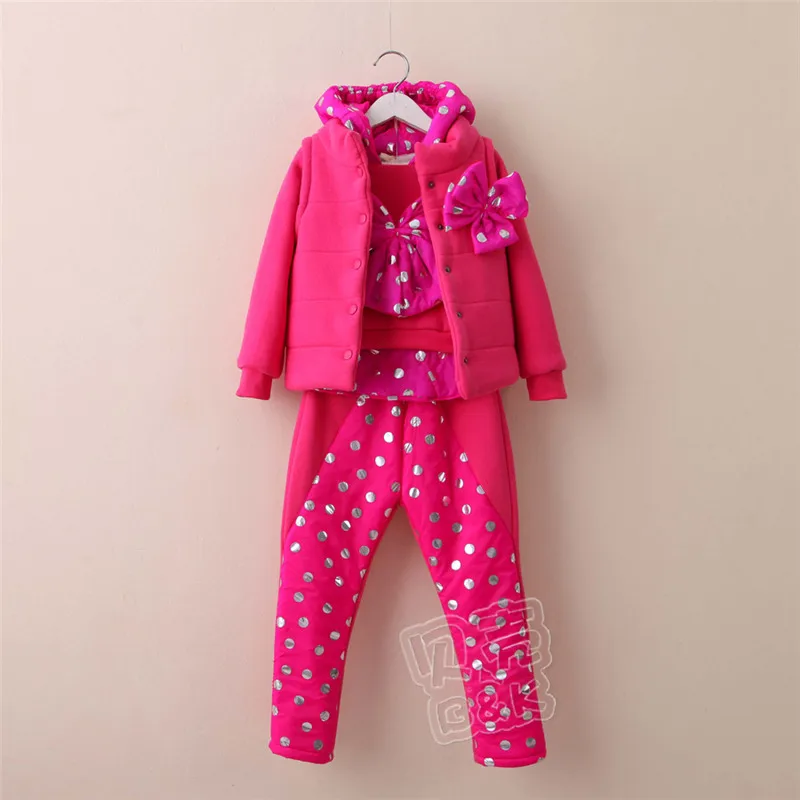 

2015 winter Korean version new styles girls polka dot bow long sleeve pullover long pants and hooded vest sets TZ-2071