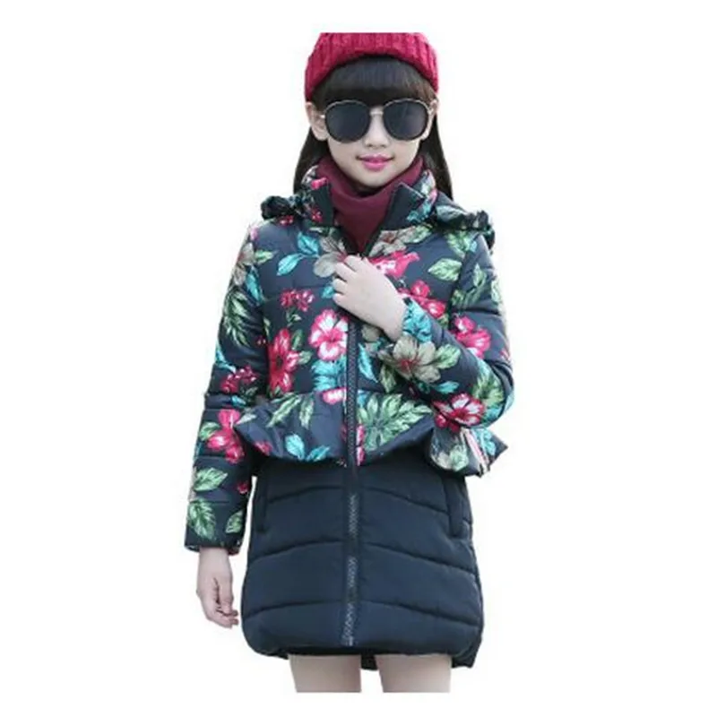 

2017 Brand Girls Winter Warm Flower Print Long Coat Hooded Girl School Fashion Down Jackets Cotton Padded Kid Winter Clothes