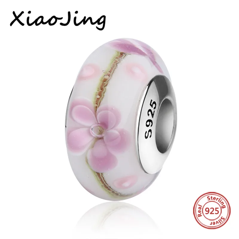 

Light pink flowers Murano glass beads 925 sterling silver diy charms fit original European bracelets jewelry accessories supply