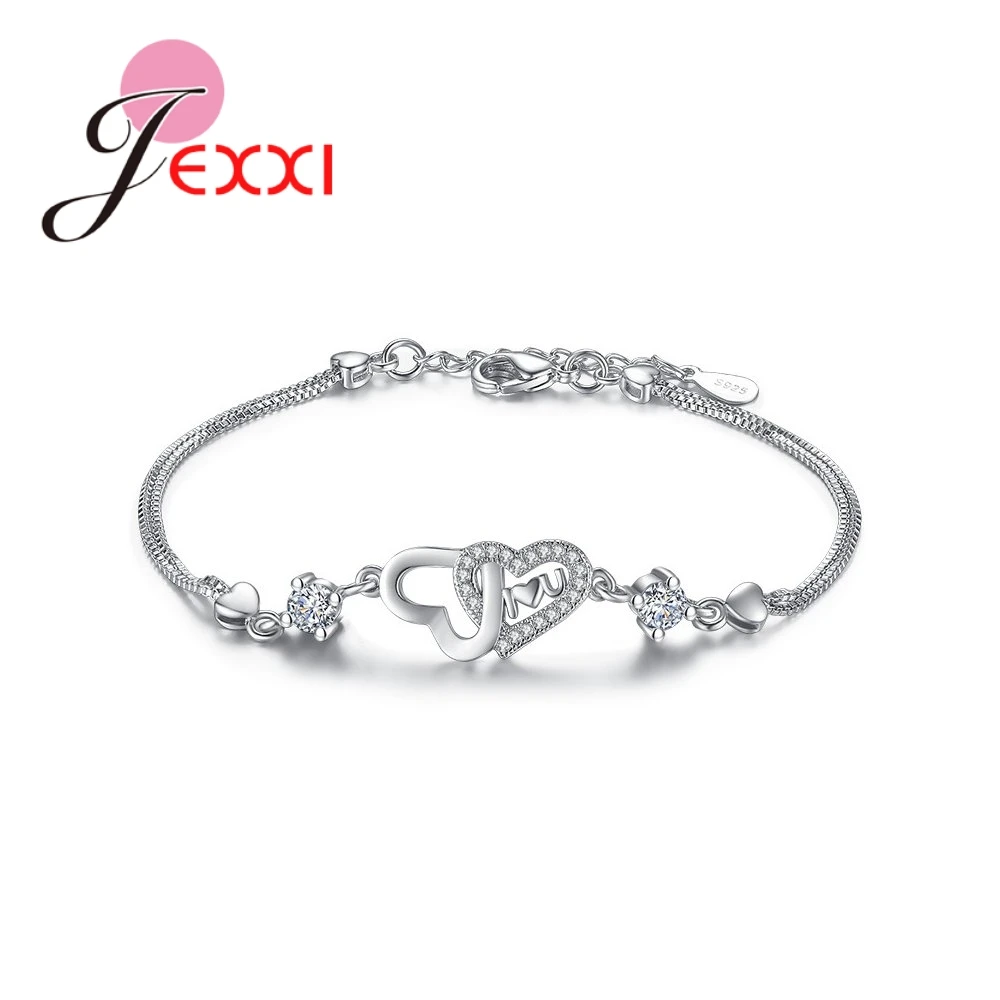 

Lovely 2 Hearts Trendy Luxury Bracelet Women Anniversary Engagement Wedding Party Jewelry 925 Sterling Silver Clear CZ