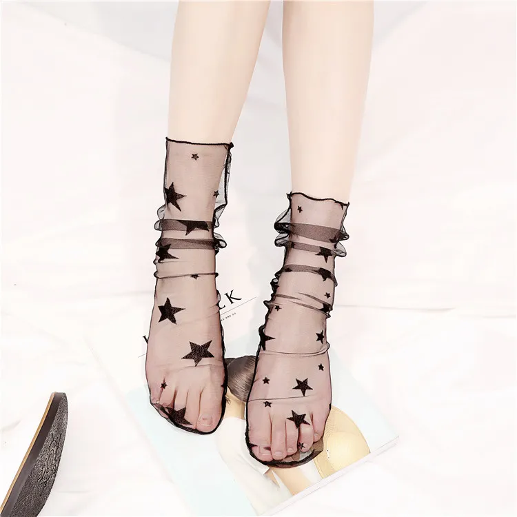 

Japanese Women Girls Transparent Socks Harajuku dot star Pattern Korean Crystal Silk sox Art kawaii funny novelty short socks