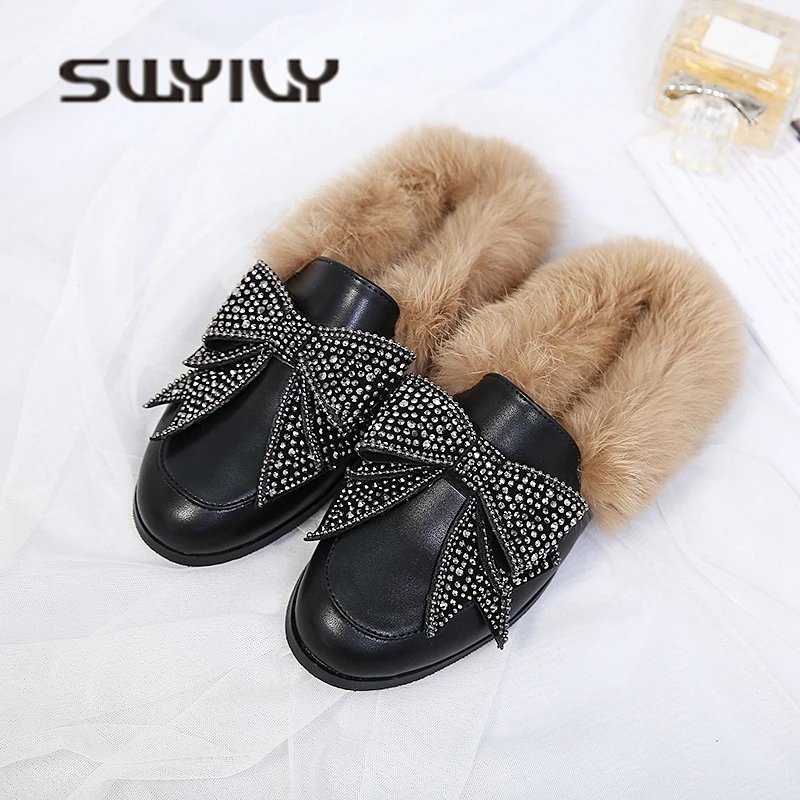 SWYIVY Woman Flat Mulers Shoes Rhinestone Bow Winter Fur Warm Casual Shoes Half Slipper Autumn Lady Leisure Slides Flats Shoes