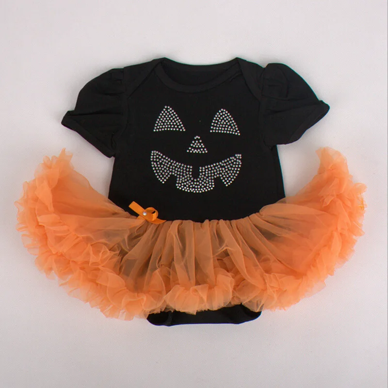 1 шт., черно-оранжевое платье для маленьких девочек с бантом, в форме тыквы и смайлика, со стразами пачка для детей от 0 до 12 месяцев