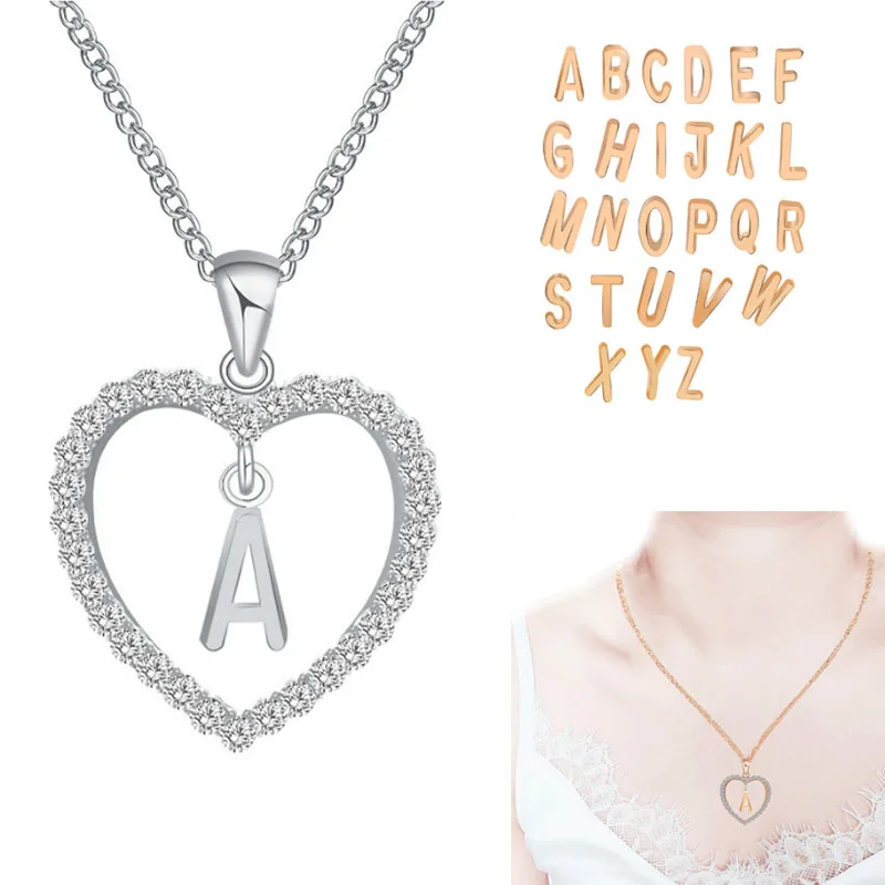 

SALE 1PC Simple Crytal Heart 26 Letters Pandent Necklace Adjustable Letters Crystal Rose Golden Silvery Women Necklace Jewelry