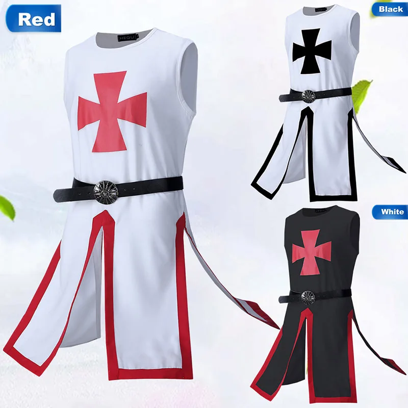 

2019 Medieval Knight Templar Crusader Cosplay Costume Men Vest Tunic Shirt Warriror Cavalier Armor Tabard Black Belted Clothing