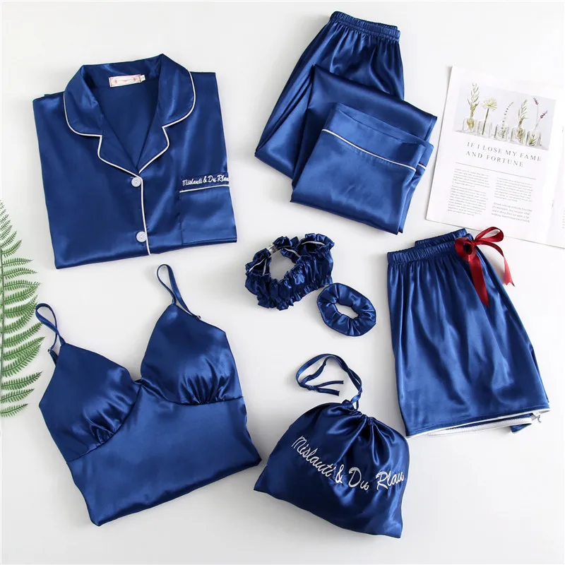 

Spring Summer 7 Pcs Set Silk Elegant Women Pajamas Solid Shorts Long Sleeve Top Elastic Waist Pants Sleepwear with Chest Pad