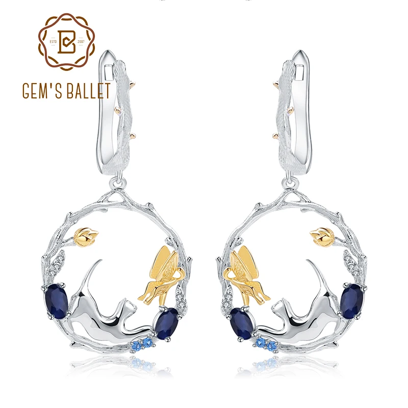 

GEM'S BALLET 925 Sterling Silver Handmade Cat & butterfly Drop Earrings for Women 1.22Ct Natural Blue Sapphire Earrings Jewelry