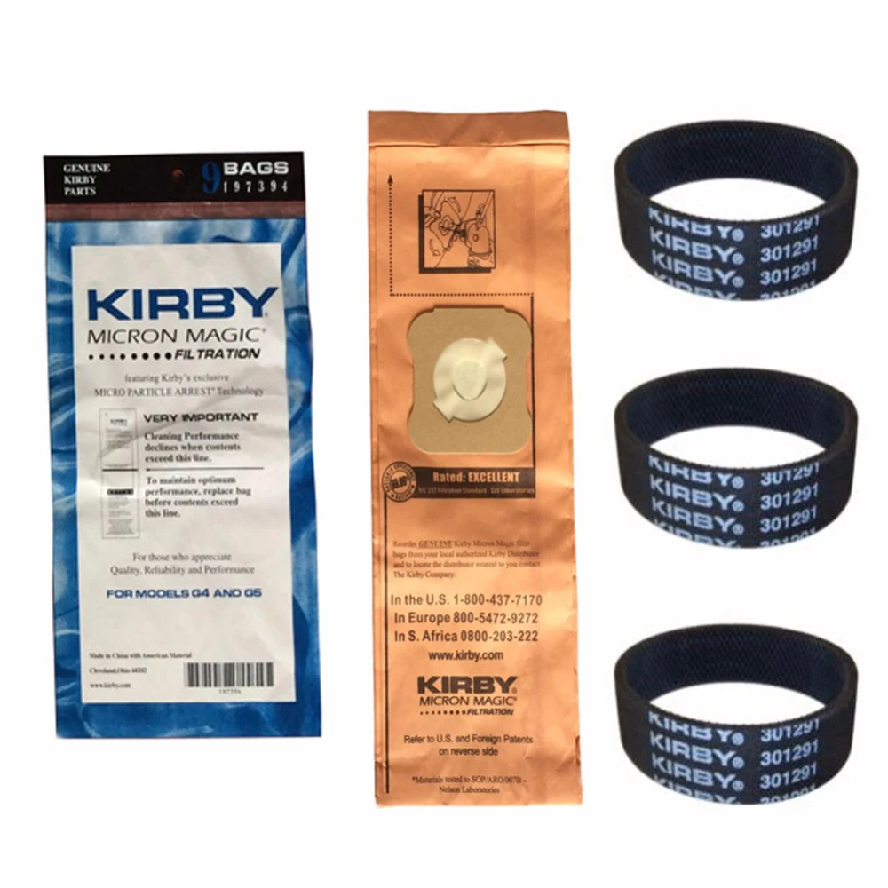 For Kirby 9 Genuine Vacuum Micron Magic Bags G4 &amp G5 197394 Generation 4 Gen 5 Bag (9 pack) 3 Belts 301291 | Бытовая техника