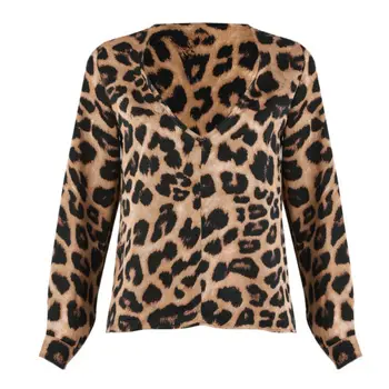 

Women Clothing Long Sleeve Shirt Sexy V-Neck Tops Leopard Blouses Women Fashion Blouse Leopard Print Loose