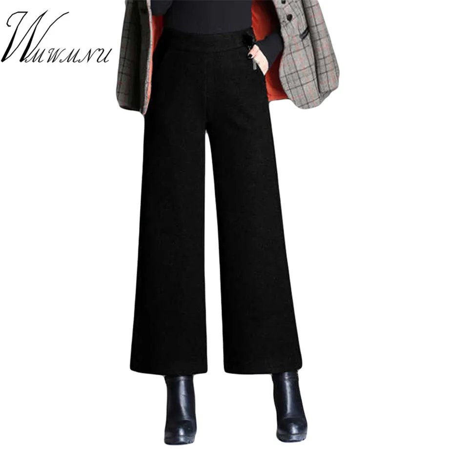 

Plus Size 5XL Women Wool Pants Street Wear Fashion Elastic High Waist Wide Leg Pants Ladies Office Casual Autumn Winter Trousers