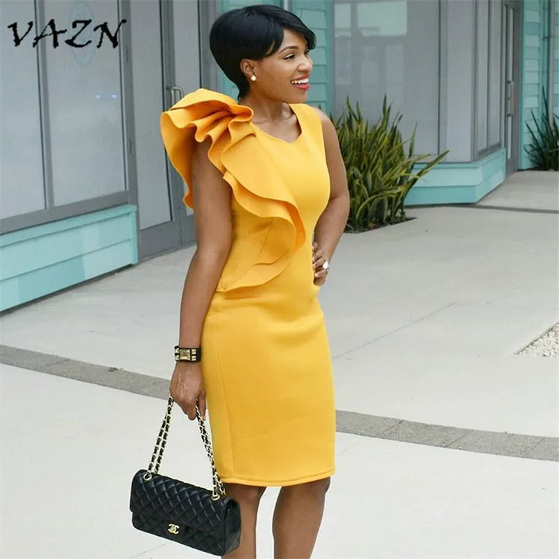 VAZN высокое качество тонкое умеренное модное женское платье Новинка одно оборки лепесток рукав o-образный вырез миди платье Vestidos L0176