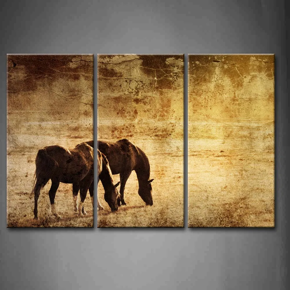 Настенная картина в рамке фотографии лошадей гранж пастбища принт на холсте домашний декор