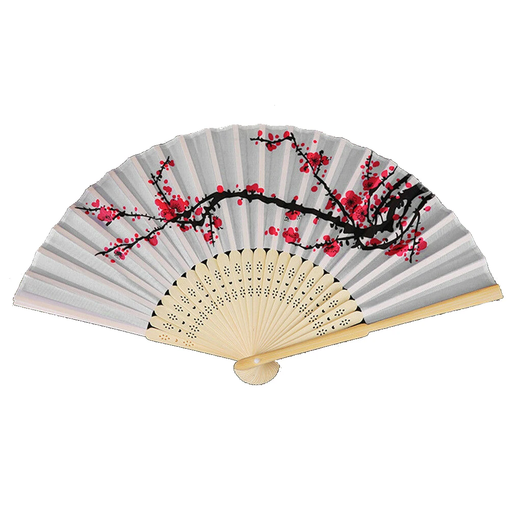 cheap Chinese Style Bamboo Folding Flower Fan Silk Bamboo Plum Blossom Painting Folding Hand Fans Dance Party Wedding Gift Home Decor