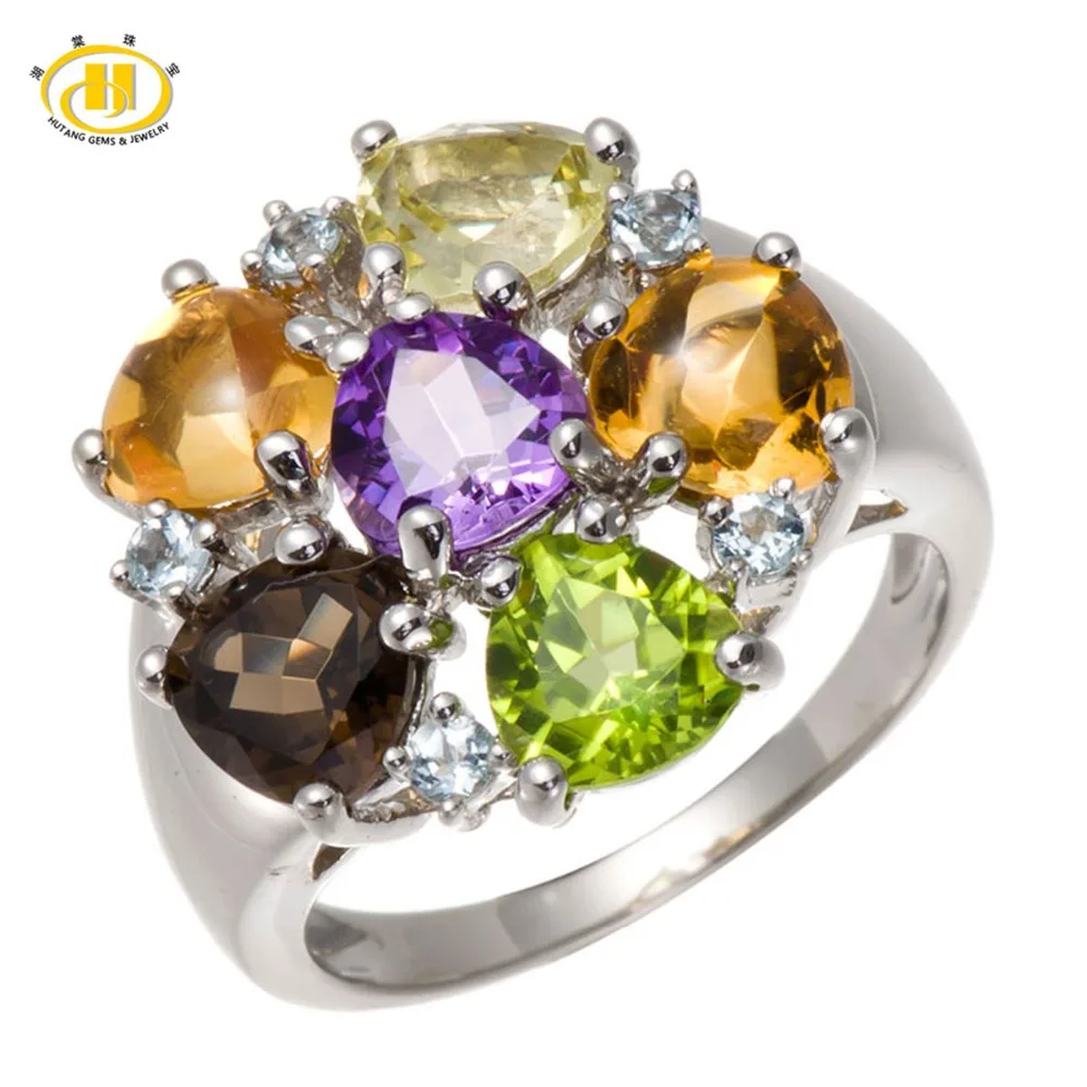 

Hutang 100% Natural Multi-color Gemstones Aquamarine Peridot Citrine Solid 925 Sterling Silver Rings Fine Fashion Stone Jewelry