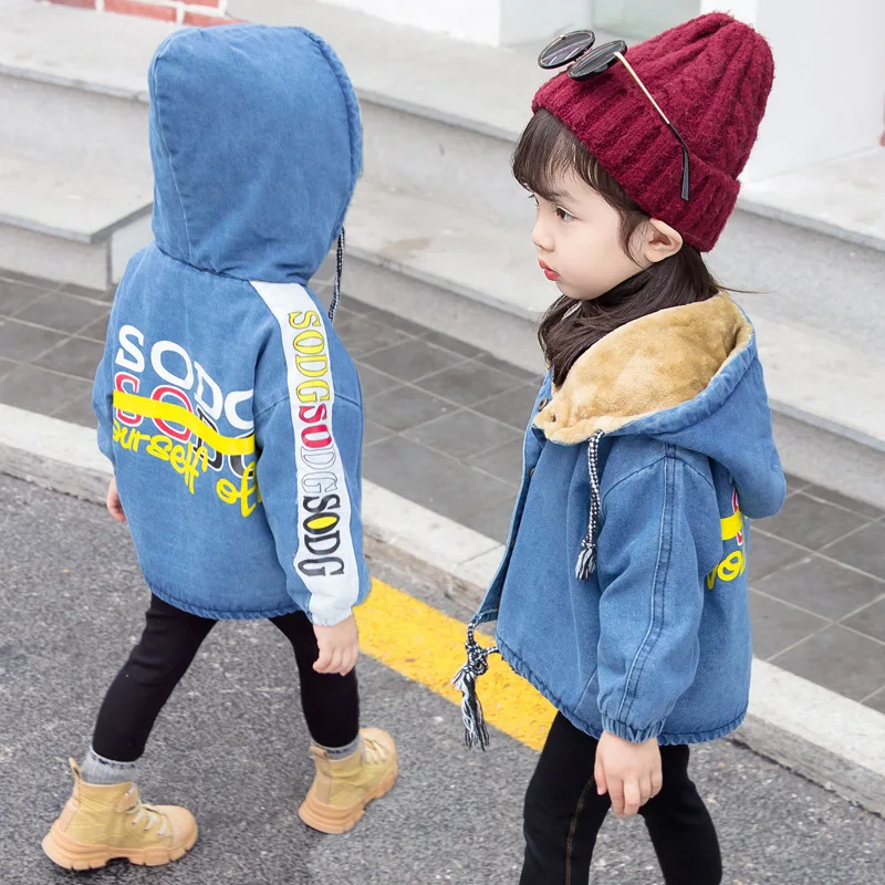 

2018 Winter Girls Coat Denim Lambswool Kids Jean Jacket Thick Windproof Printing Baby Boys Outwear