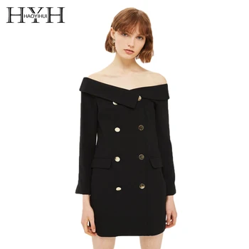 

HYH HAOYIHUI 2018 Solid Black Blazer Dress Slash Neck Double-Breasted Slim Bodycon Mini Dress Winter Autumn Ladies Dresses