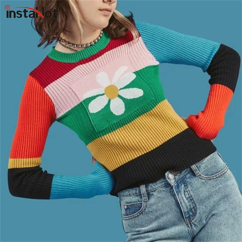 InstaHot مخطط المطر القوس محبوك سترة المرأة 2018 الخريف زهرة س الرقبة مطاطا بسط سترة ملابس علوية من القطن متعدد الألوان الشتاء