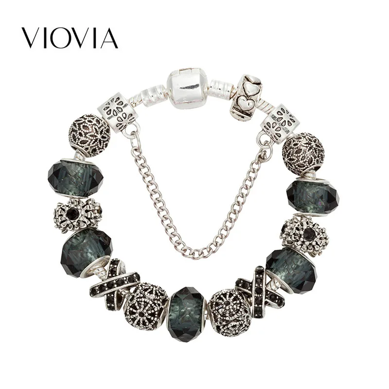 VIOVIA Подвески серебряного цвета браслет и браслеты черные хрустальные бусины подходят для оригинального браслета для женщин DIY ювелирный подарок B18018