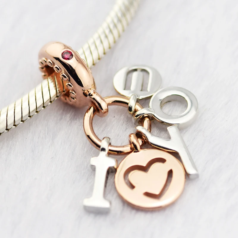 

Authentic 925 Sterling Silver Two Tone I Love You Dangle Charm Beads for Jewelry Making Fit Bracelets DIY Fine Jewelry PF687R