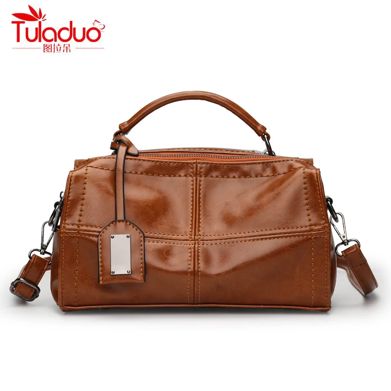 

High Quality Wax Oil Leather Women's Handbags Fashion Patchwork Women Shoulder Bags 2018 Large Capacity Women Top-Handle Bags