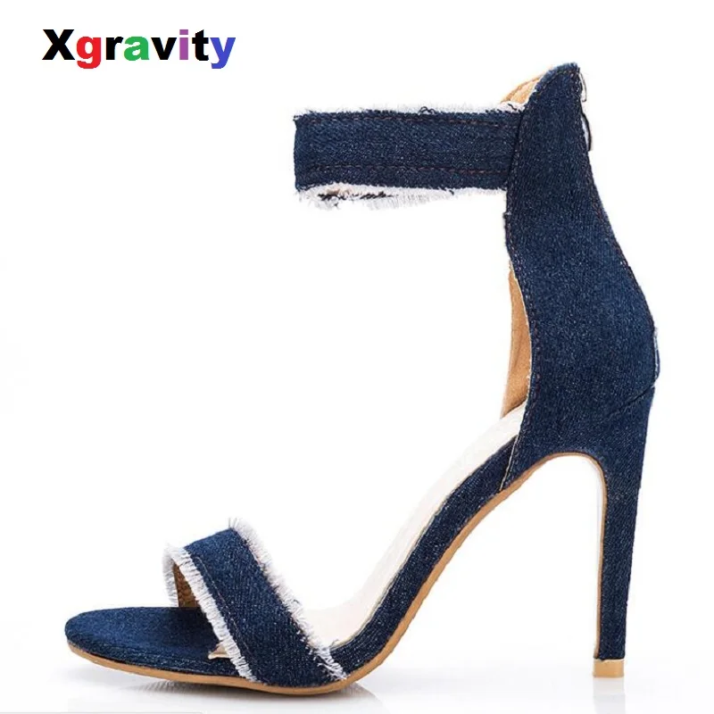 

Xgravity Sandals Sexy Sandals New Denim Women Sandals Peep Toe Stiletto High Heeled heels Casual Summer Ladies Dress Shoes B0181