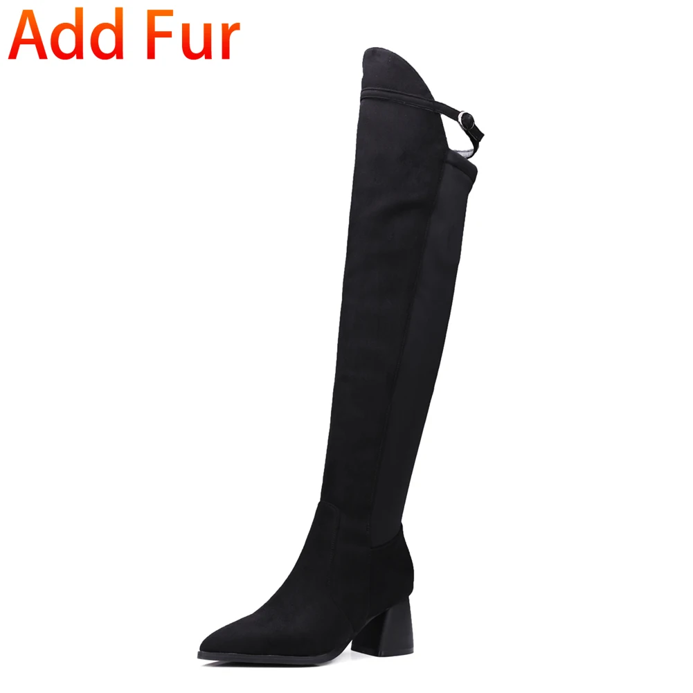 DoraTasia/Лидер продаж Пикантные женские высокие ботинки размера плюс 32-48, острый носок смешанные Цвет; каблук высотой 6 см; квадратный каблук ботинки с высоким голенищем Для женщин - Цвет: black thick fur