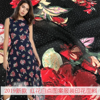 

2019 new red flower white point high quality digital printing apparel fabric handmade DIY fashion polyester chiffon fabric