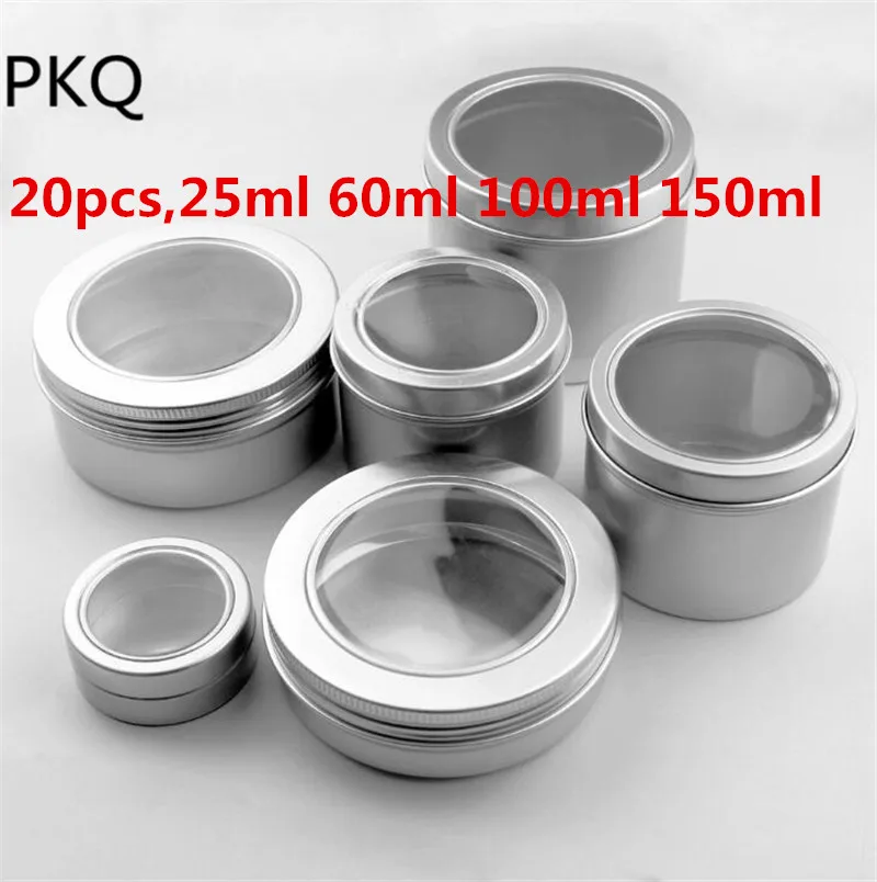 

20pcs,25ml 60ml 100ml 150ml Aluminium Silver jars with window,Empty Sample Container Powder cans,Cosmetic Container Travel Pot