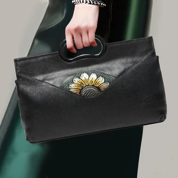 

National Style Handbag for Women Banquet Handle Bag Lady Genuine Leather Top Leather Top-handle Bags Shoulder Pack Crossbody