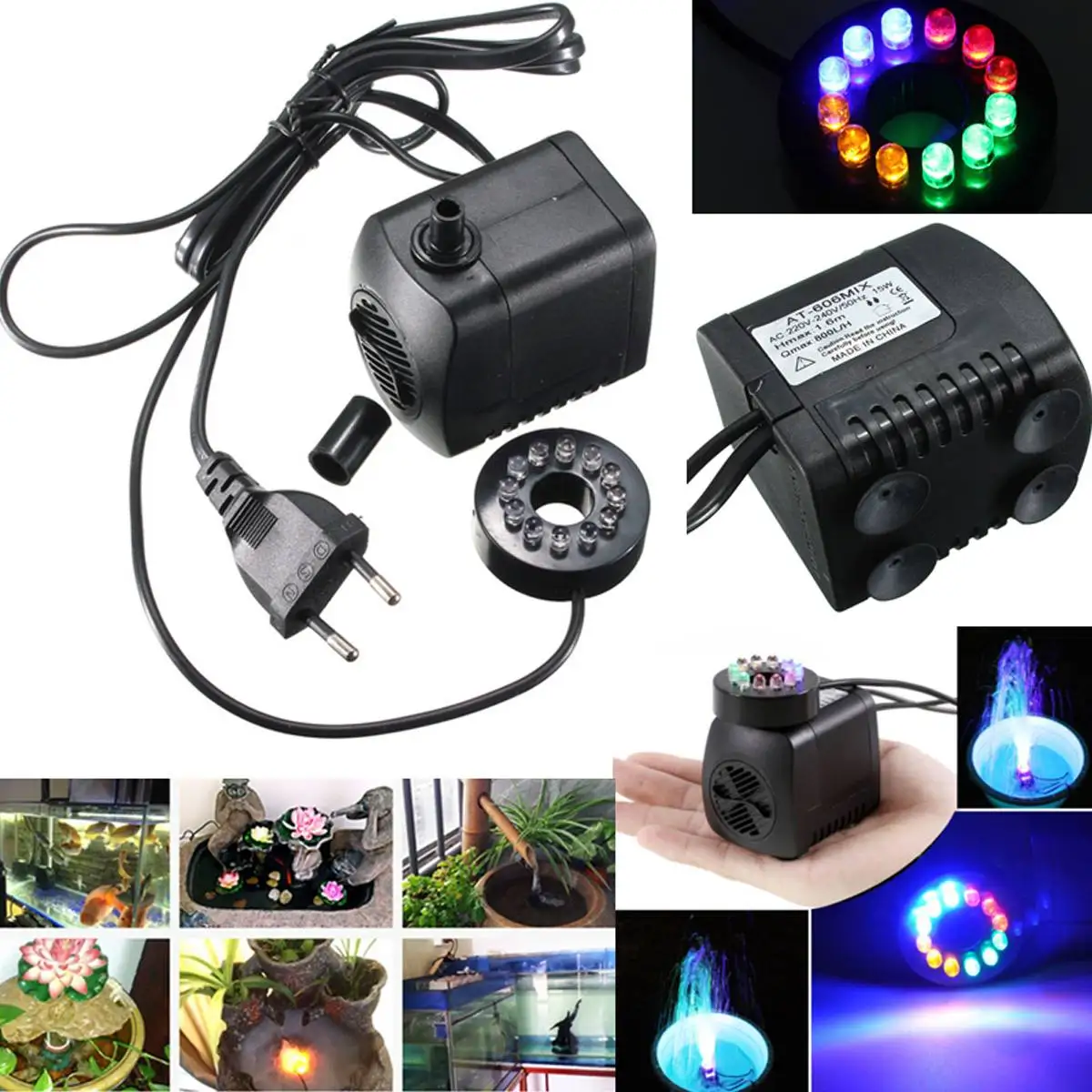 Mrosaa 15W LED Light Submersible Water Pump Fountain pump Kit Silent outdoor Hydroponic Aquarium Air Fish Tank Pond pumps