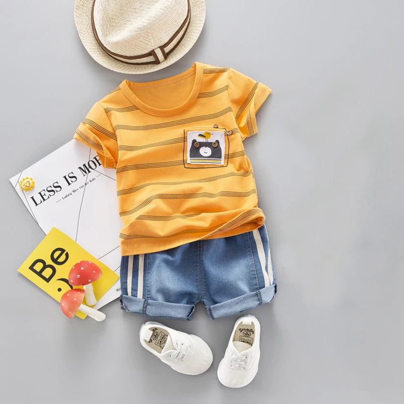 Beste Baby Boy Pak Set Kinderen Zomer Outfit Peuter Baby Streep Katoenen Kleding Set Leuke Cartoon Kinderen Jongens Kleding T shirt + Shorts
