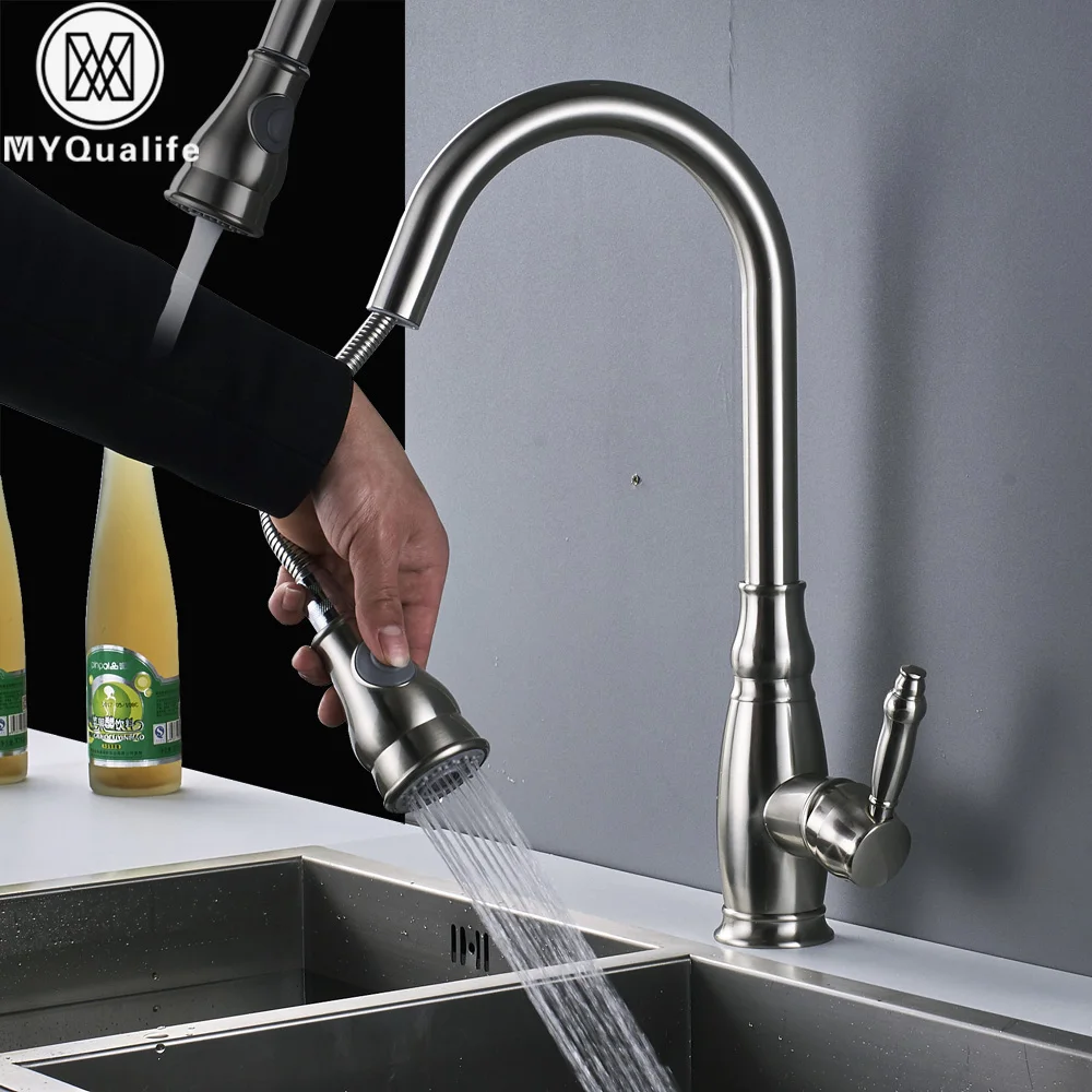 

Brushed Nickel Kitchen Faucet Stream Sprayer Kitchen Sink Faucet Pull Out Spout Kitchen Mixer Faucet Single Handle one Hole