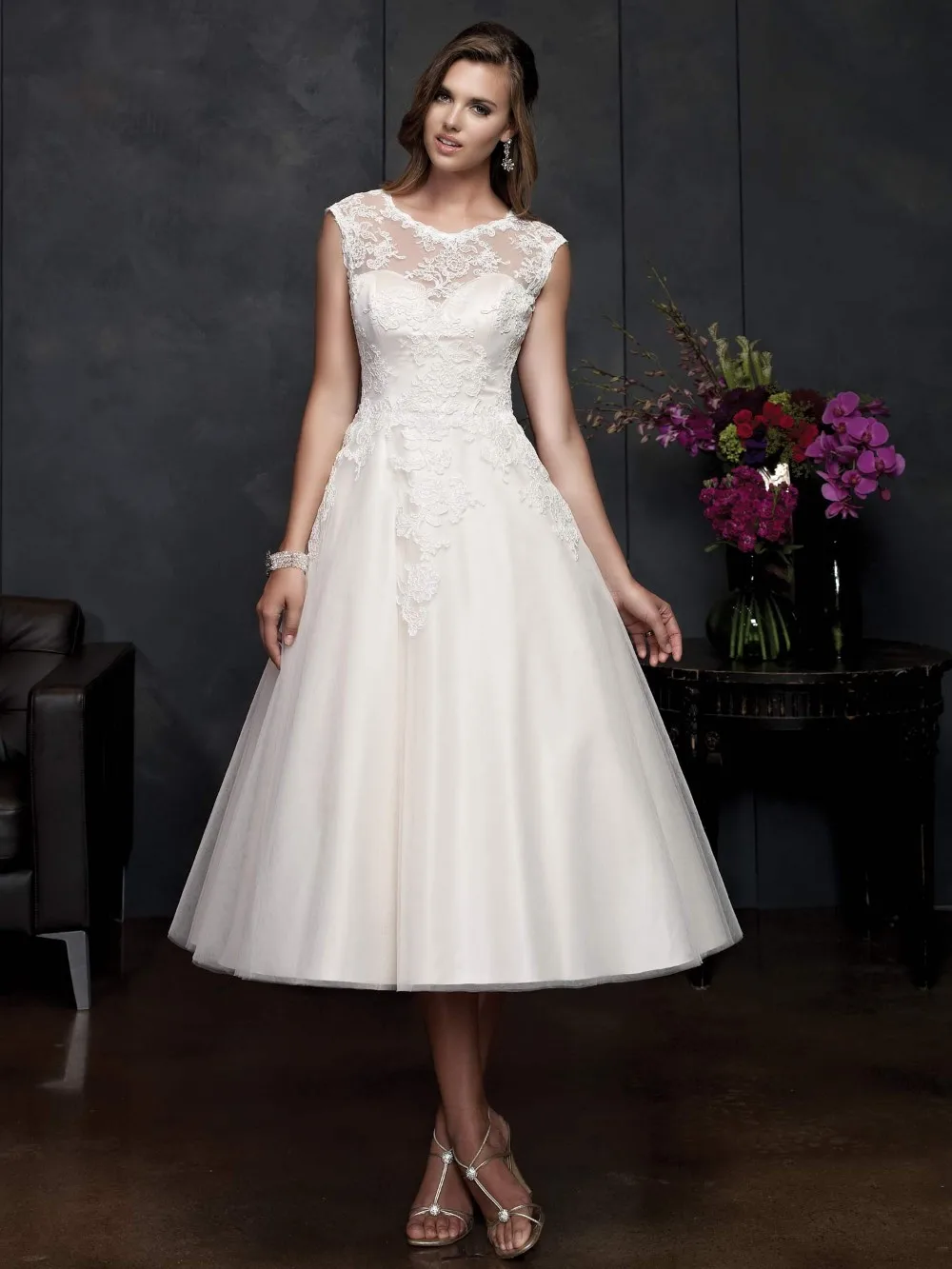 Белый / слоновая кость Cap рукава короткое свадебное платье Vestidos novia 2016 одеяние де