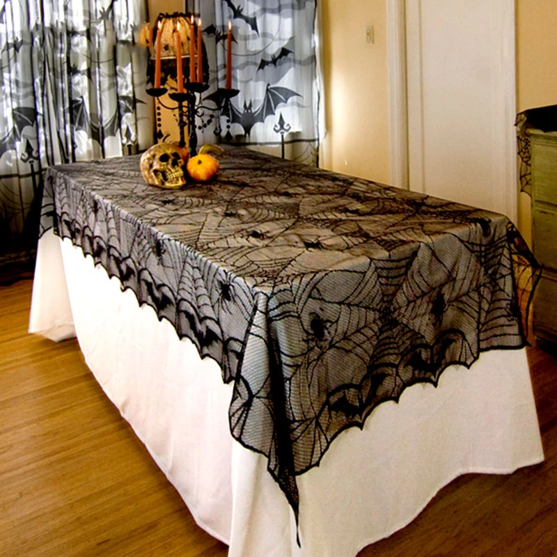 

Halloween Decoration for Home Black Spider Tablecloth Lace Mesh Table Cover for Ghost Party Decoration
