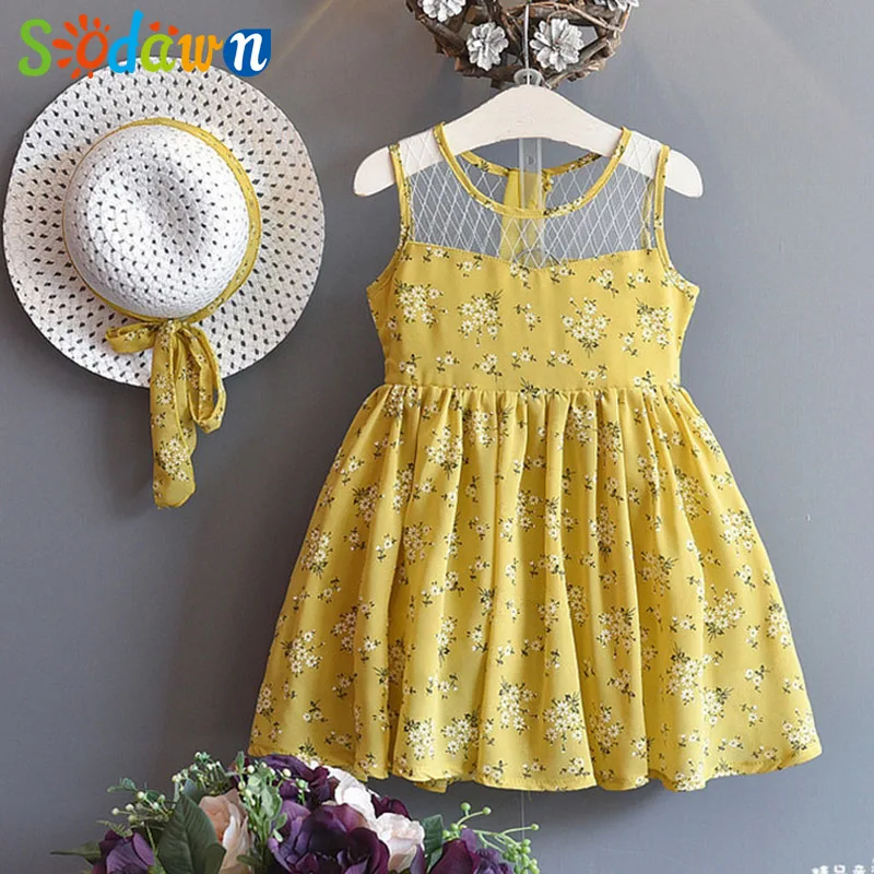 

Sodawn Girls Dress Summer New Flower Pattern Dress+Sun Hat Fashion Children Clothing Go out Girls Clothing Back bow waist
