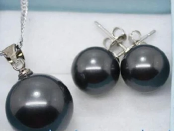 

zxia 14mm black sea shell pearl mother of pearl pendant +10mm earring Jewelry Set