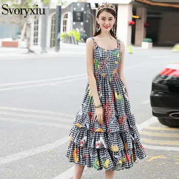 

Svoryxiu 2019 Runway Summer Spaghetti Strap Dress Women's Vintage Plaid Floral Print Cascading Ruffle Vacation Long Dress