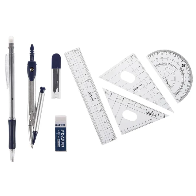 8 in 1 Protractor Compass 15cm Straight Ruler Rulers Set W Case