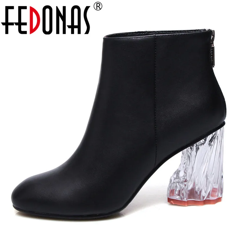 

FEDONAS Brand Women Ankle Boots Genuine Leather Autumn Winter Zipper Ladies Shoes Crystal High Heels Wedding Party Shoes Woman