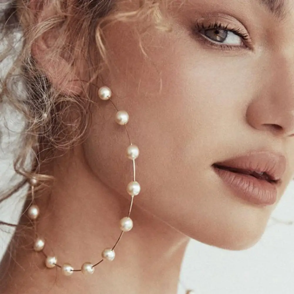 

Hot Fashion Women Faux Pearl Beaded Charm Big Hoop Earrings Statement Jewelry Gift