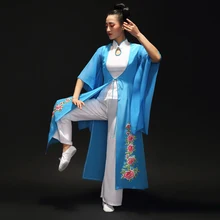 Женский классический китайский танец одежда художественная театральная Hanfu костюмы поэтический вентилятор/зонтик/носовой платок танцевальная одежда