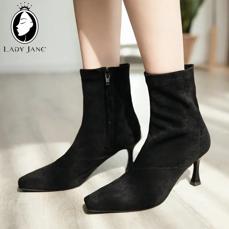 

Lady Jane Mixed Colors Snake Prints Ankle Boots Kitten Heels Elastic Socks Boots Square Toe 8cm High Heel Flock Winter Boots