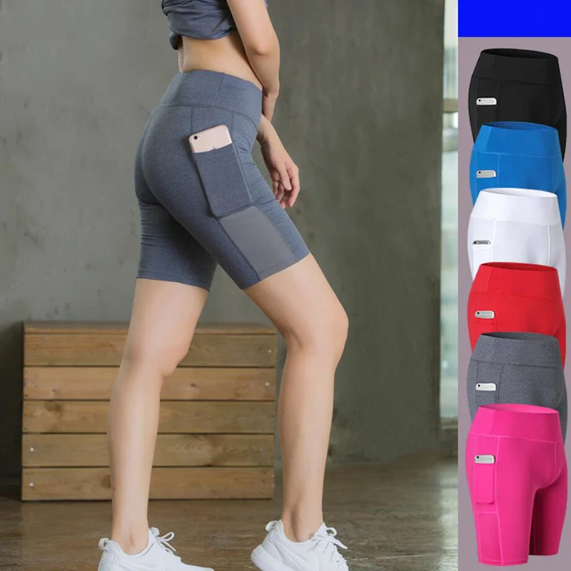 

Yoga side pockets no trace solid color elastic tight-fitting quick-drying wicking five pants fitness shorts free shipping