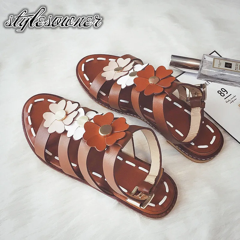 

Stylesowner 2018 Summer New Original Brand Female Sandals with Flower Cow Leather Flat Open Toe Brown Sandals Concise Soft