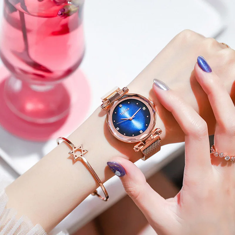 

Luxury Band Women Quartz Watches Starry Sky Magnetic Mesh Geometry Flower Mirror 2019 Creative Fashion Diamond Reloj Mujer Gift