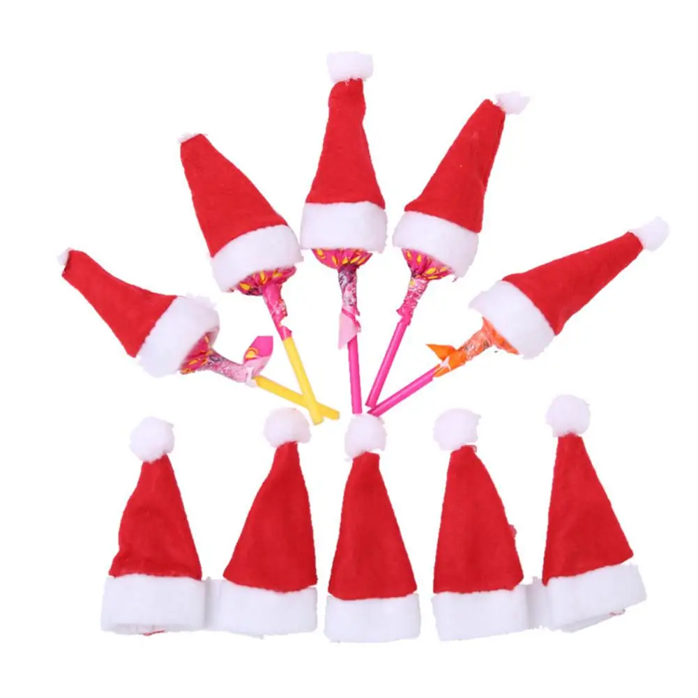 

Hot 10Pcs Mini Lollipop Christmas Hat Xmas Decoration Cap Cover Xmas Party Candy Gift Decoration