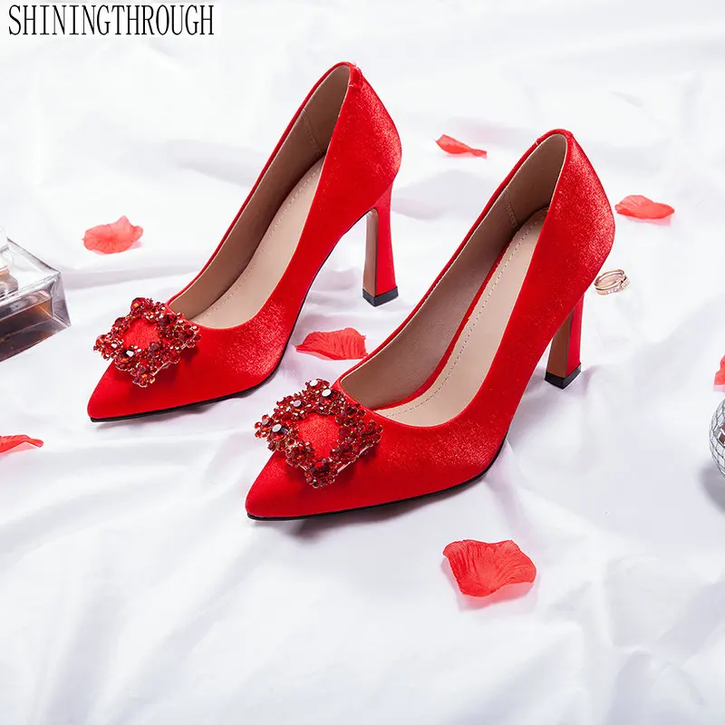 

8.5cm thin High Heels Silk Shoes Women Wedding Party Shoes 2019 new women pumps summer club dancing shoes large size 43
